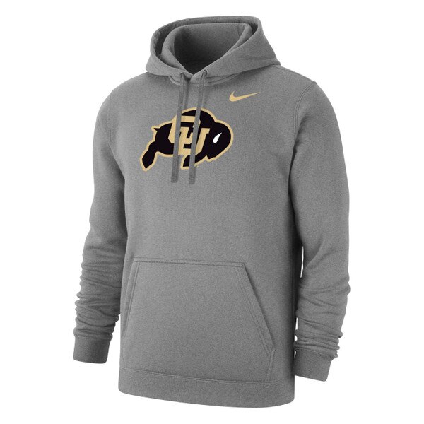 A gray hoodie featuring a CU Buffalo logo, with a drawstring hood and a large kanga pocket.